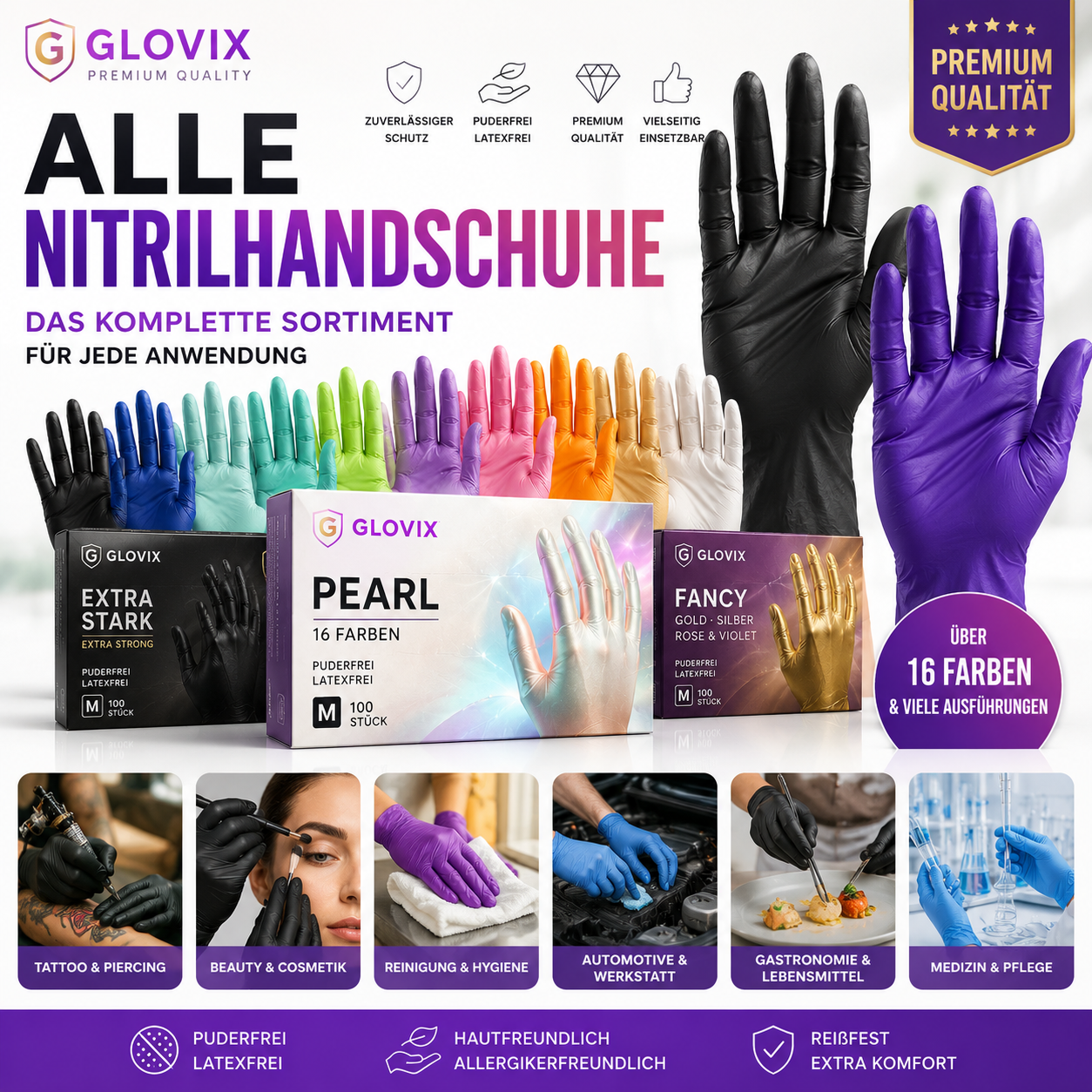Glovix Nitrilhandschuhe in vielen Farben und Ausführungen – gesamtes Nitrilhandschuh Sortiment