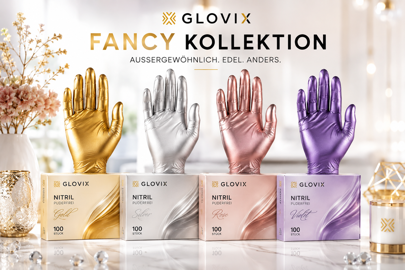 Glovix Fancy Kollektion mit Nitrilhandschuhen in Gold, Silber, Rose und Violet