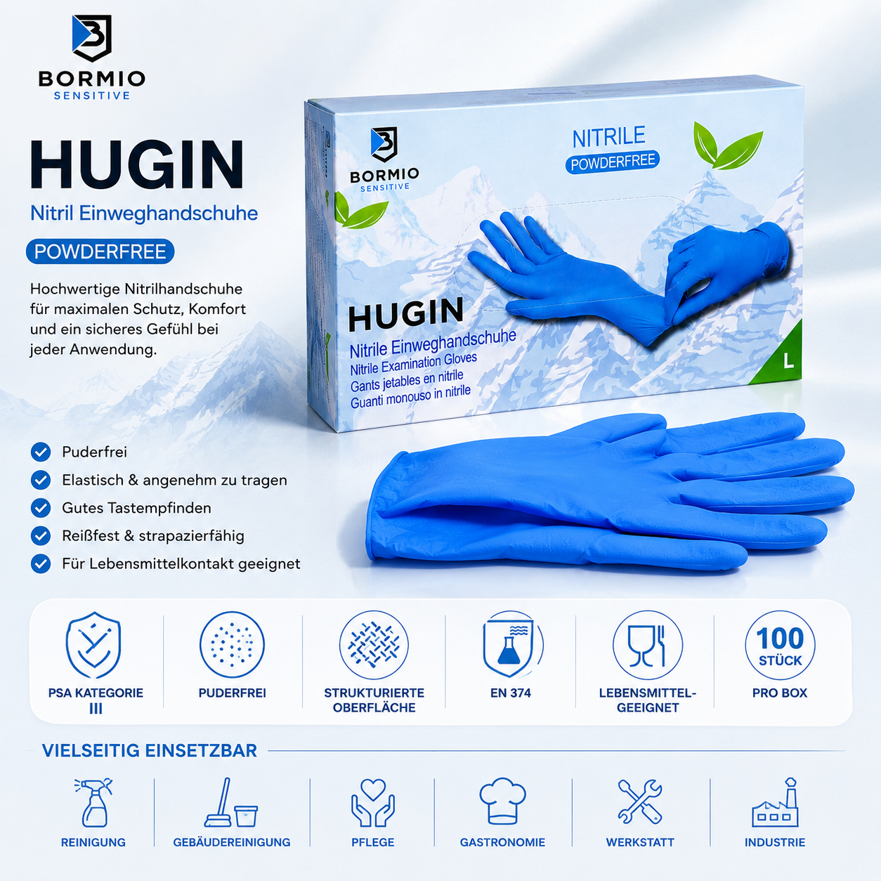 BORMIO SENSITIVE Hugin – Nitril Einweghandschuhe Blau, 100 Stück