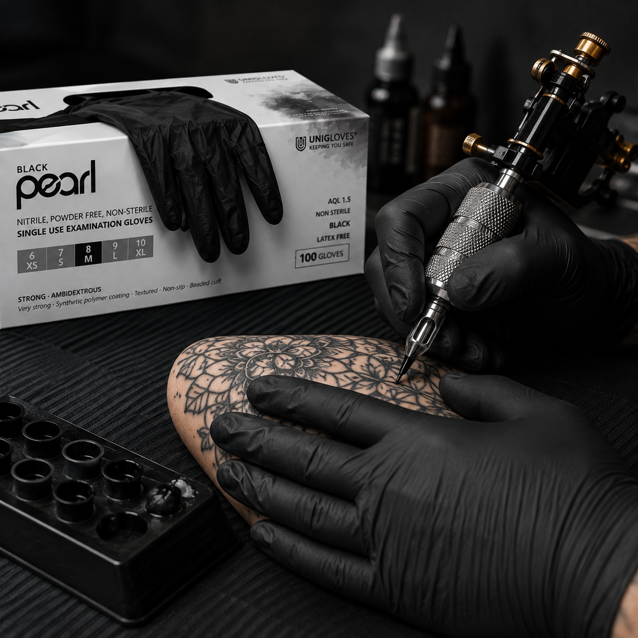 Black Pearl Nitrilhandschuhe von Unigloves bei der Anwendung im Tattoo-Studio