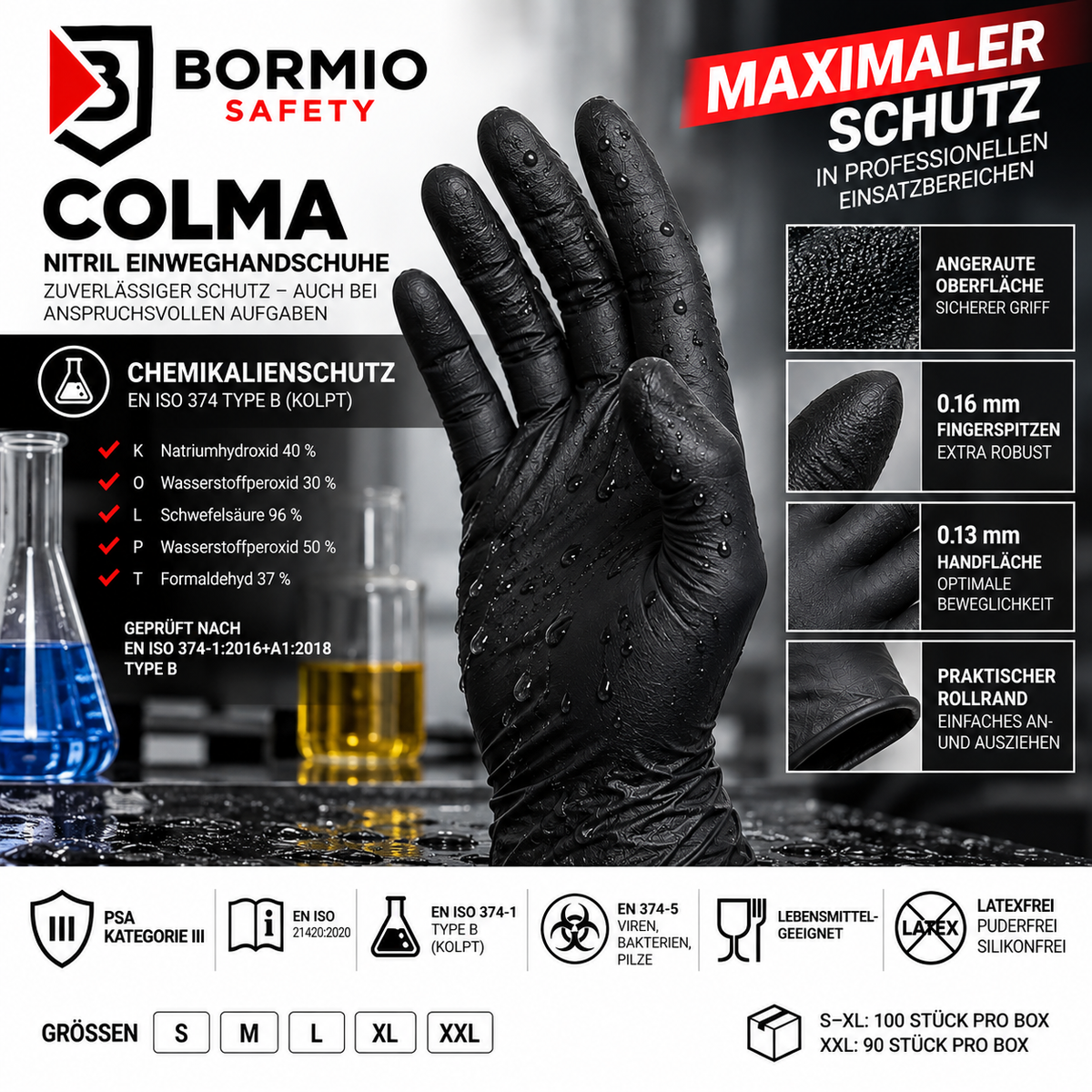 Bormio Safety Colma Nitrilhandschuhe – Chemikalienschutz EN ISO 374 Typ B mit angerauter Oberfläche