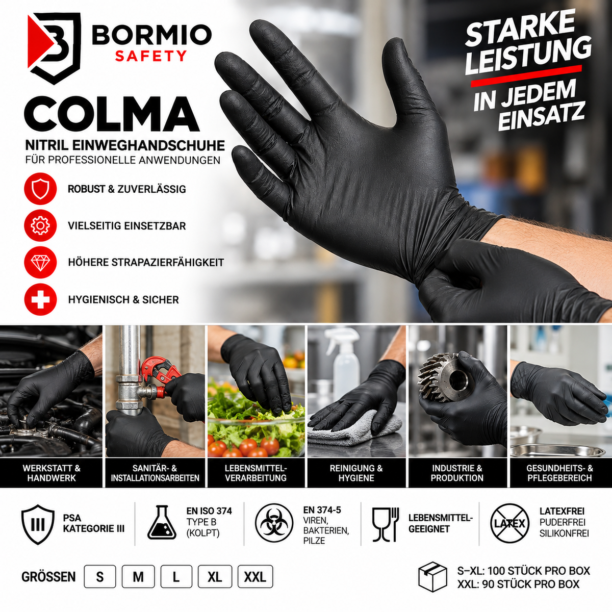 Bormio Safety Colma Nitrilhandschuhe – für Handwerk, Sanitär, Lebensmittelverarbeitung, Reinigung, Industrie und Pflege