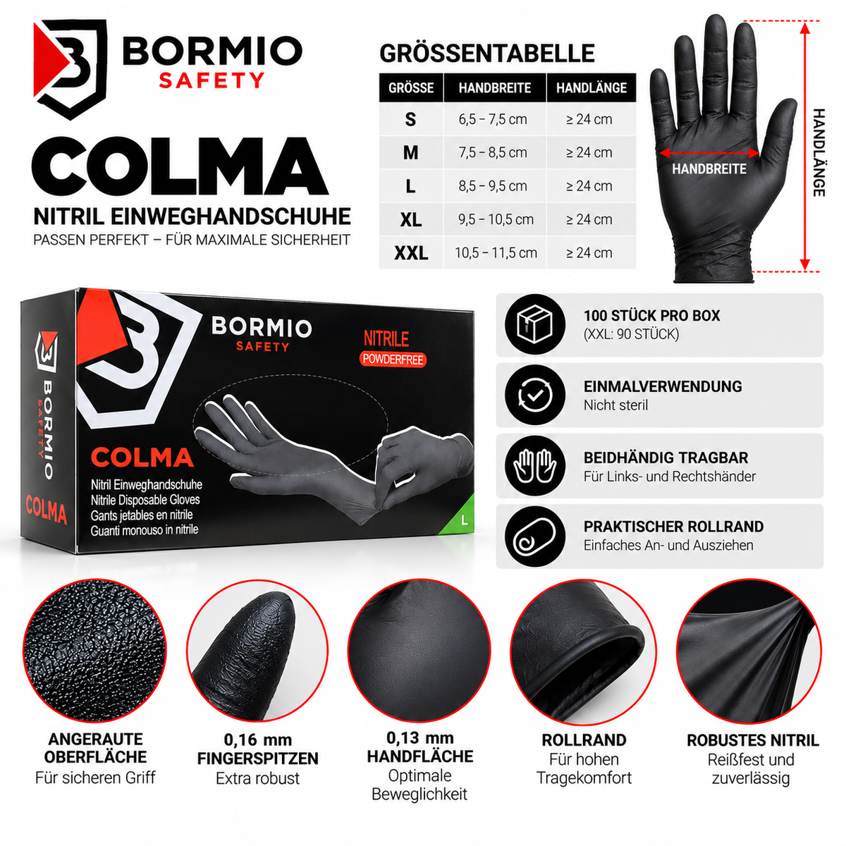 Bormio Safety Colma Nitrilhandschuhe – Größen S bis XXL, robuste Passform und angeraute Oberfläche