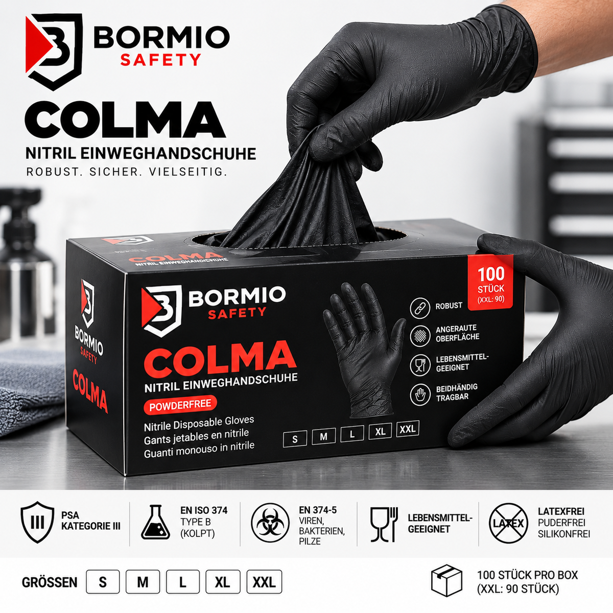 Bormio Safety Colma Nitrilhandschuhe – robuste schwarze Einweghandschuhe für professionelle Anwendungen