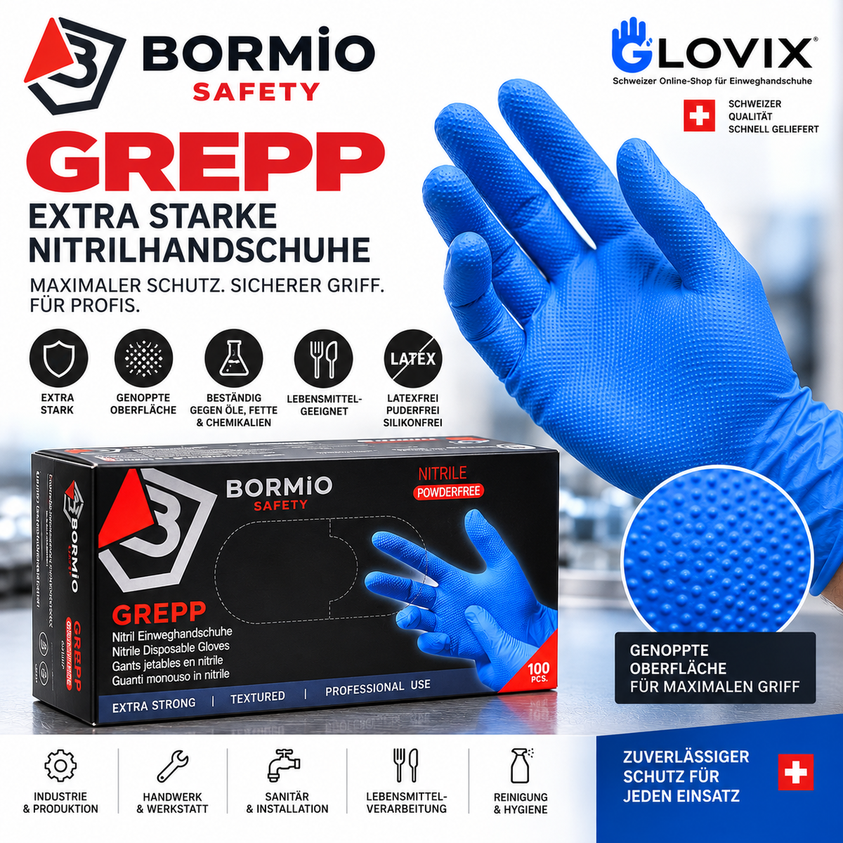 Bormio Safety GREPP extra starke blaue Nitrilhandschuhe – genoppte Oberfläche für professionellen Einsatz