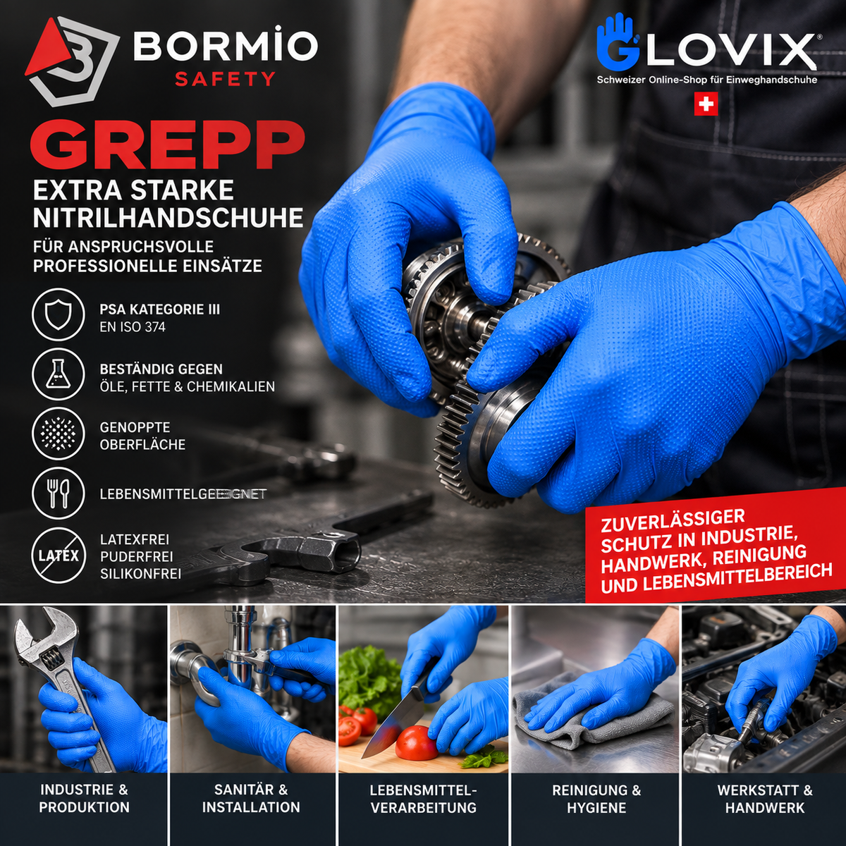 Bormio Safety GREPP extra starke blaue Nitrilhandschuhe – für Industrie, Sanitär, Lebensmittelverarbeitung, Reinigung und Handwerk