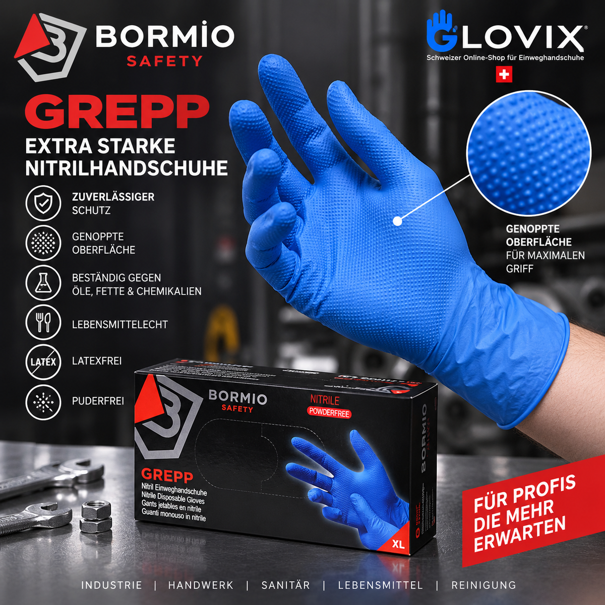 Bormio Safety GREPP blaue Nitrilhandschuhe – extra stark mit genoppter Oberfläche für sicheren Griff