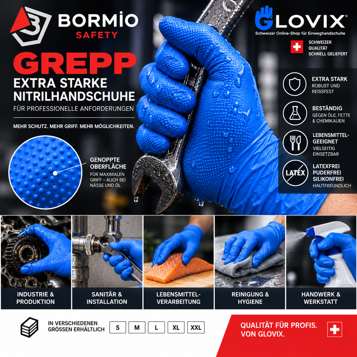 Bormio Safety GREPP extra starke blaue Nitrilhandschuhe – genoppte Oberfläche für sicheren Griff bei Nässe und Öl