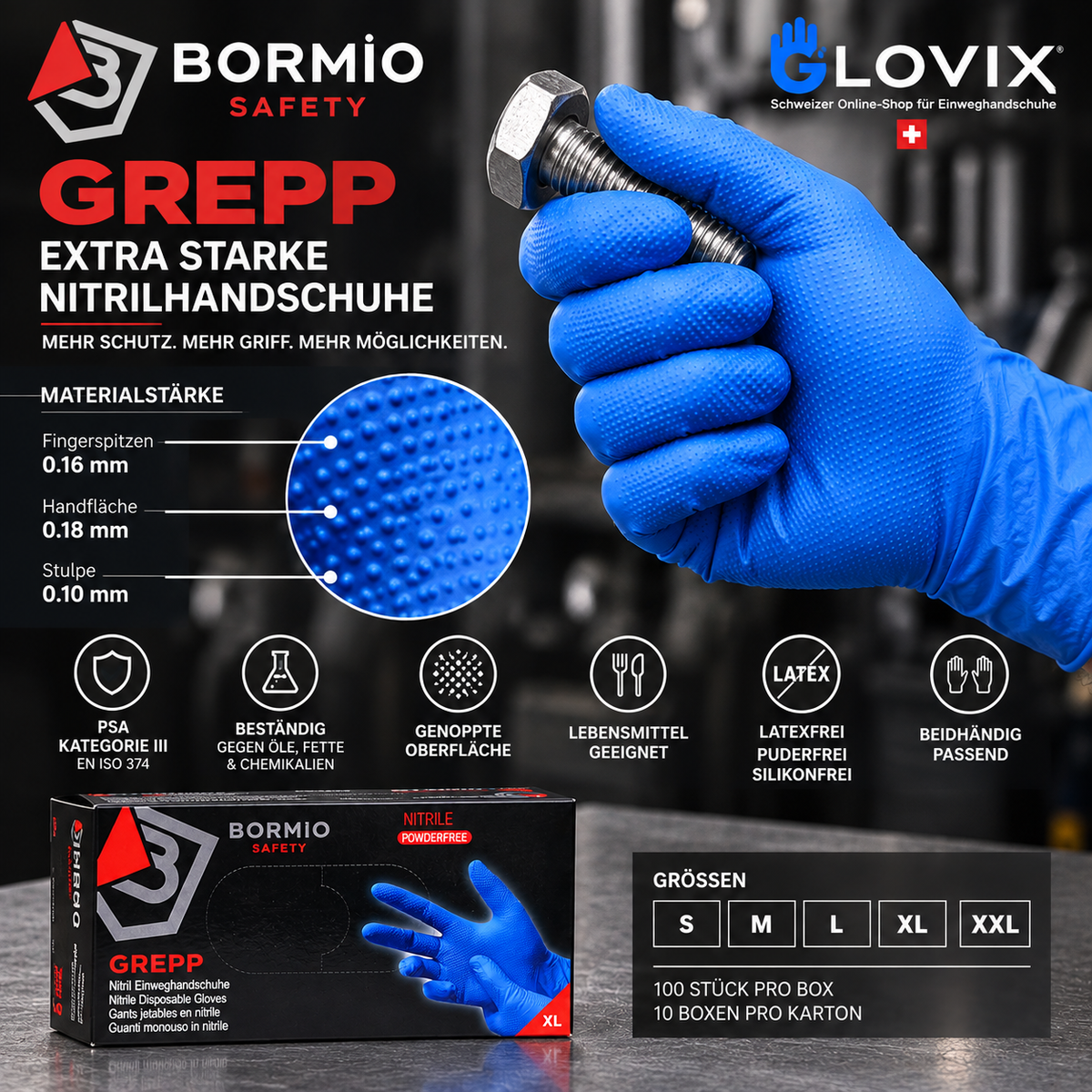 Bormio Safety GREPP extra starke blaue Nitrilhandschuhe – 0,18 mm Handfläche mit genoppter Oberfläche