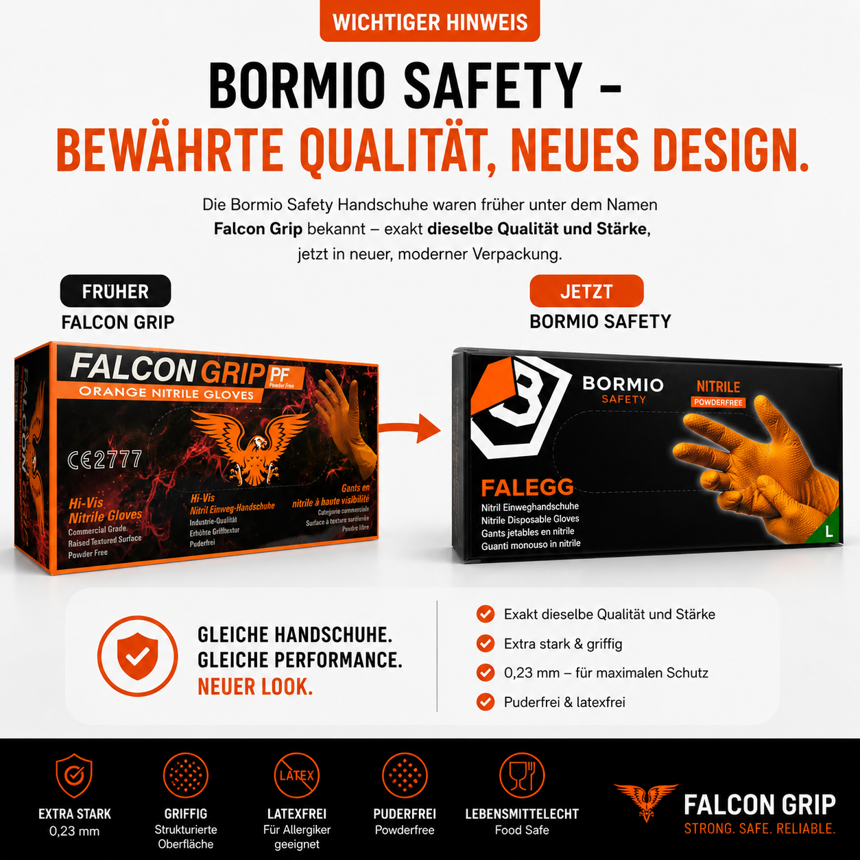 Falcon Grip Bormio Safety orange Nitrilhandschuhe – bewährte Falcon Grip Qualität in neuer Bormio Safety Verpackung