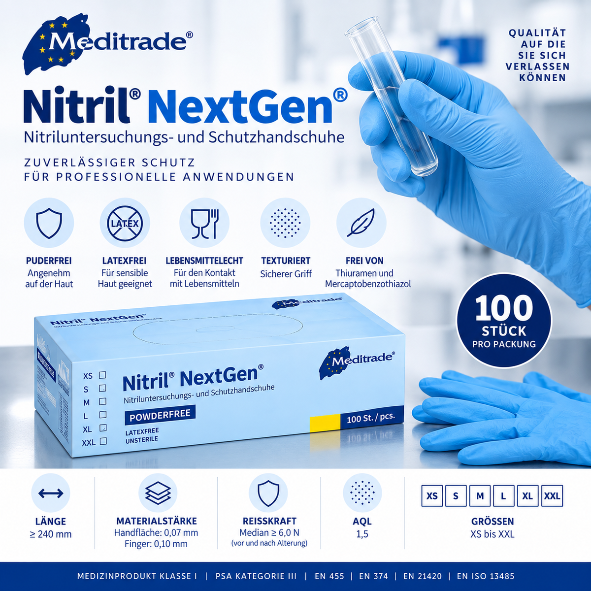 Meditrade Nitril NextGen Nitrilhandschuhe – professioneller Schutz, AQL 1,5 und PSA Kategorie III