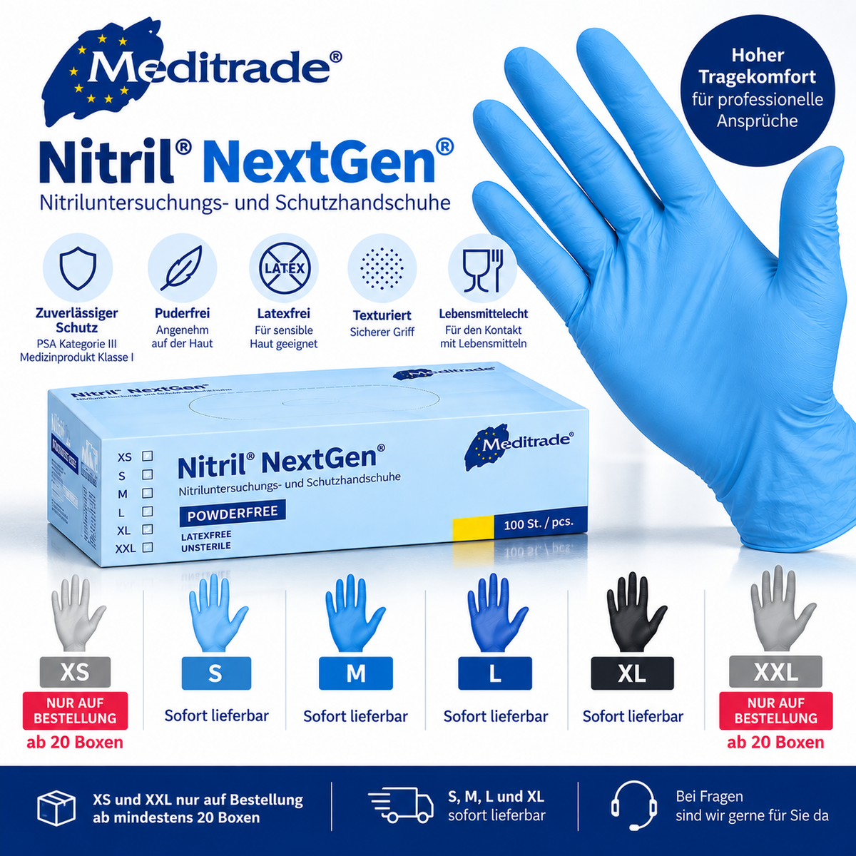 Meditrade Nitril NextGen Nitrilhandschuhe – XS und XXL auf Bestellung ab 20 Boxen, S bis XL sofort lieferbar
