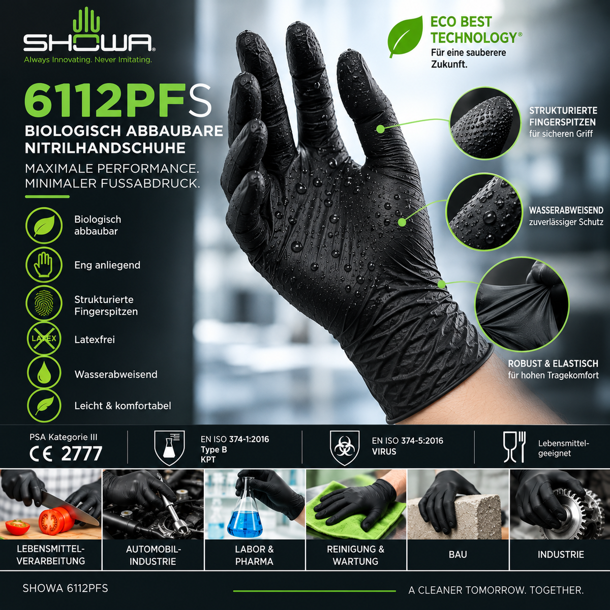 SHOWA 6112PF EBT schwarze Nitrilhandschuhe – strukturierte Fingerspitzen, wasserabweisend und hoher Tragekomfort