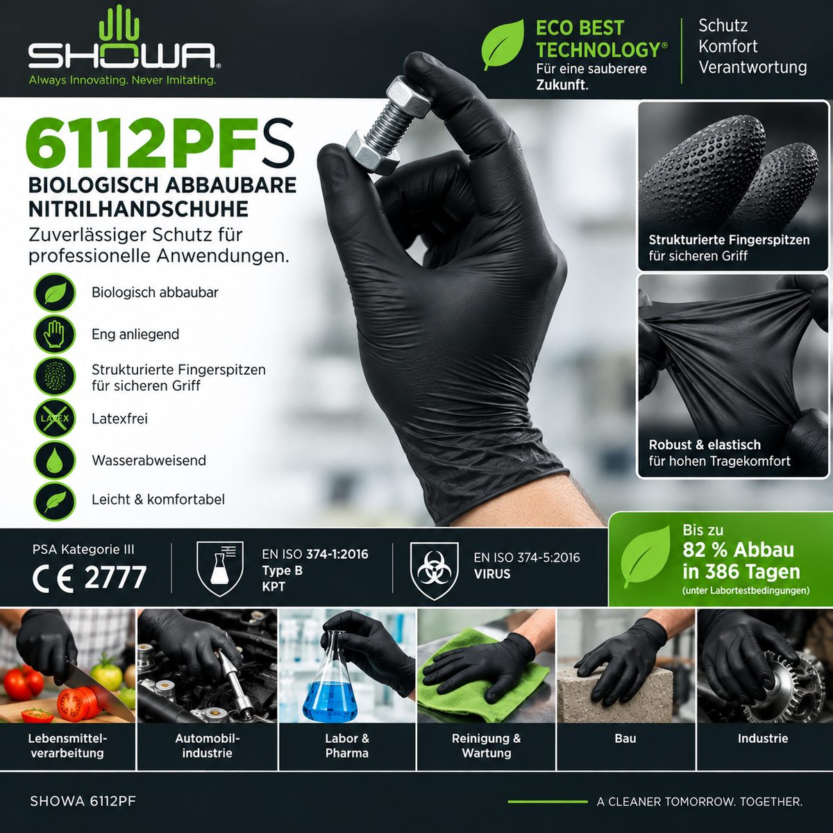 SHOWA 6112PF EBT schwarze biologisch abbaubare Nitrilhandschuhe – für Lebensmittel, Industrie, Labor, Reinigung und Bau