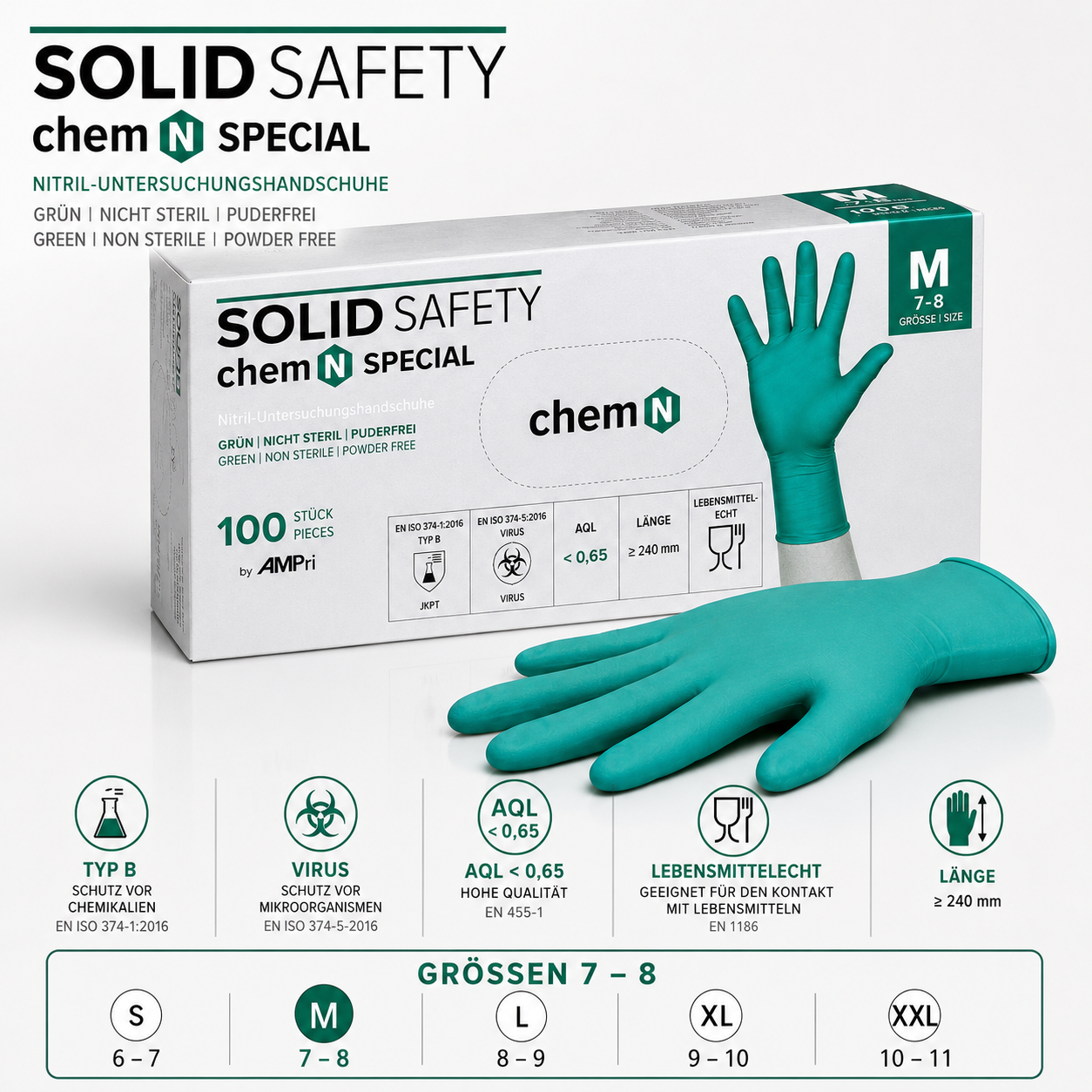 SOLID SAFETY ChemN Special Nitrilhandschuhe – Chemikalienschutz Typ B, AQL unter 0,65 und lebensmittelecht