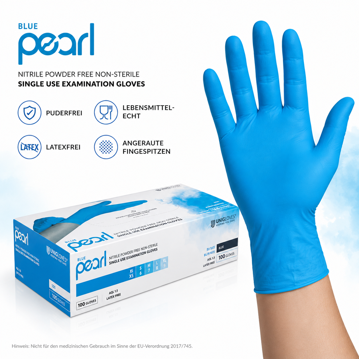 Unigloves Blue Pearl Nitrilhandschuhe – puderfrei, latexfrei, lebensmittelecht und mit angerauten Fingerspitzen