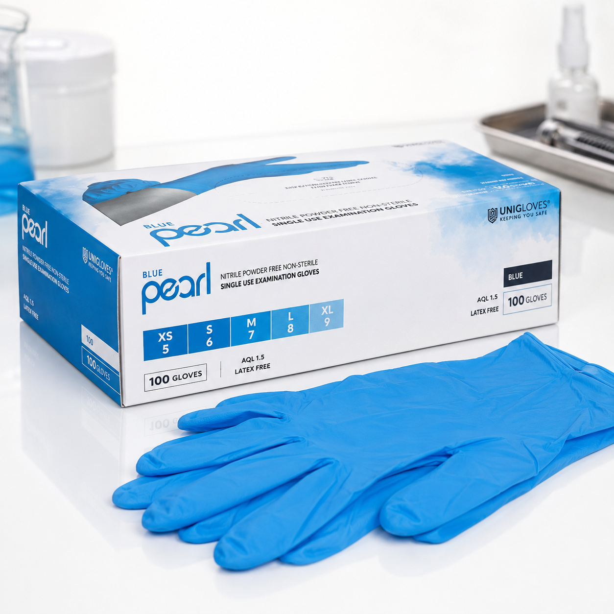 Unigloves Blue Pearl Nitrilhandschuhe – blaue puderfreie Einweghandschuhe mit 100 Stück pro Box