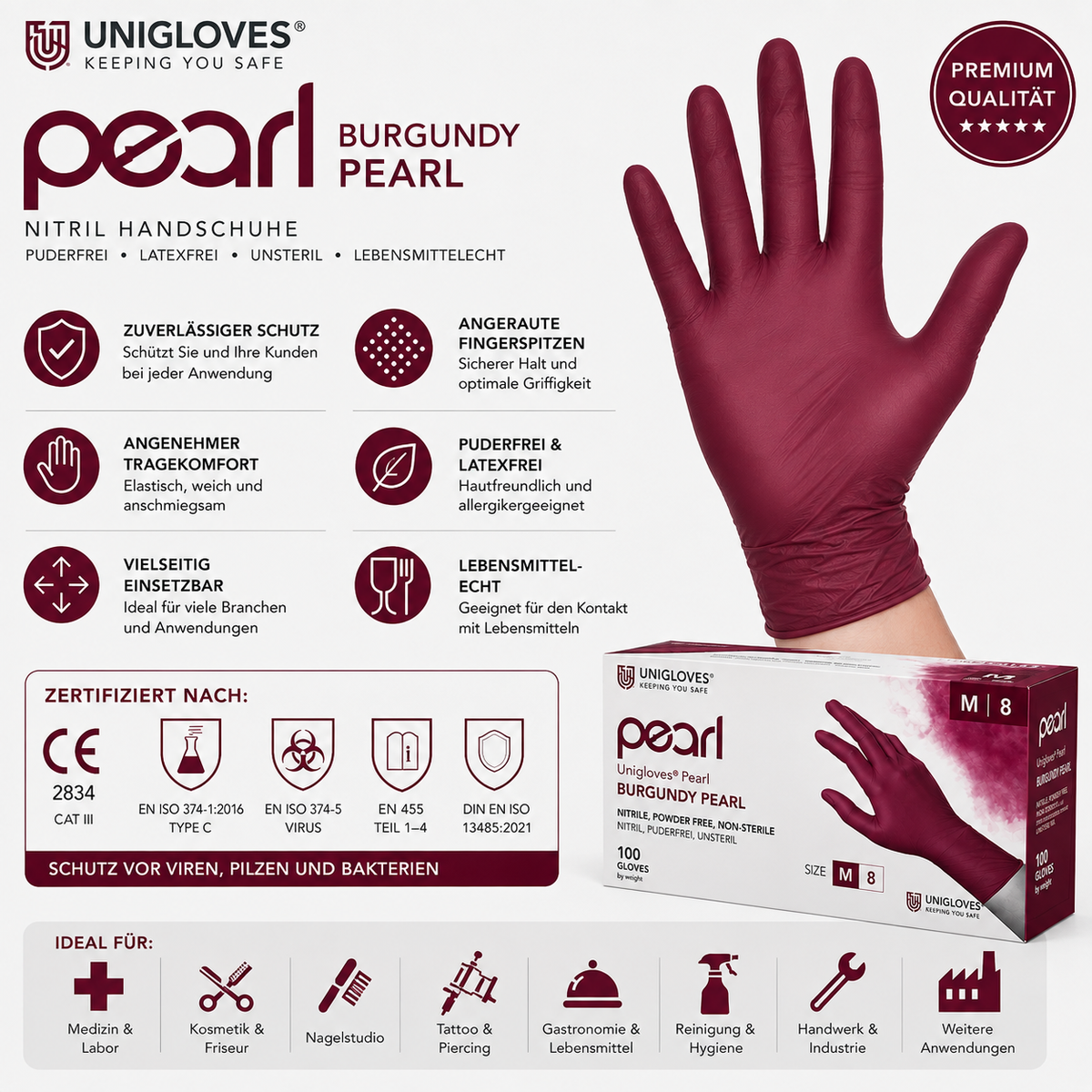 Unigloves Burgundy Pearl Nitrilhandschuhe – lebensmittelecht, puderfrei und latexfrei mit professionellem Schutz