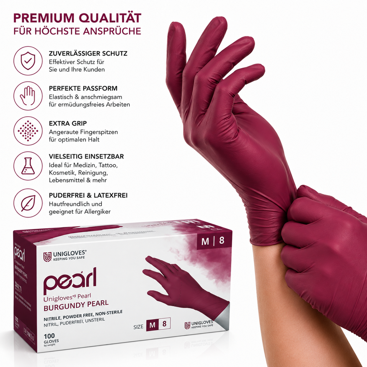 Unigloves Burgundy Pearl Nitrilhandschuhe – elastische burgunderrote Einweghandschuhe mit angenehmem Tragekomfort