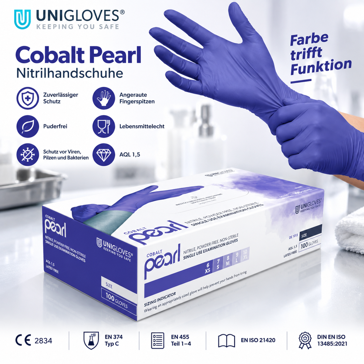 Unigloves Cobalt Pearl Nitrilhandschuhe – puderfrei, lebensmittelecht und angeraute Fingerspitzen