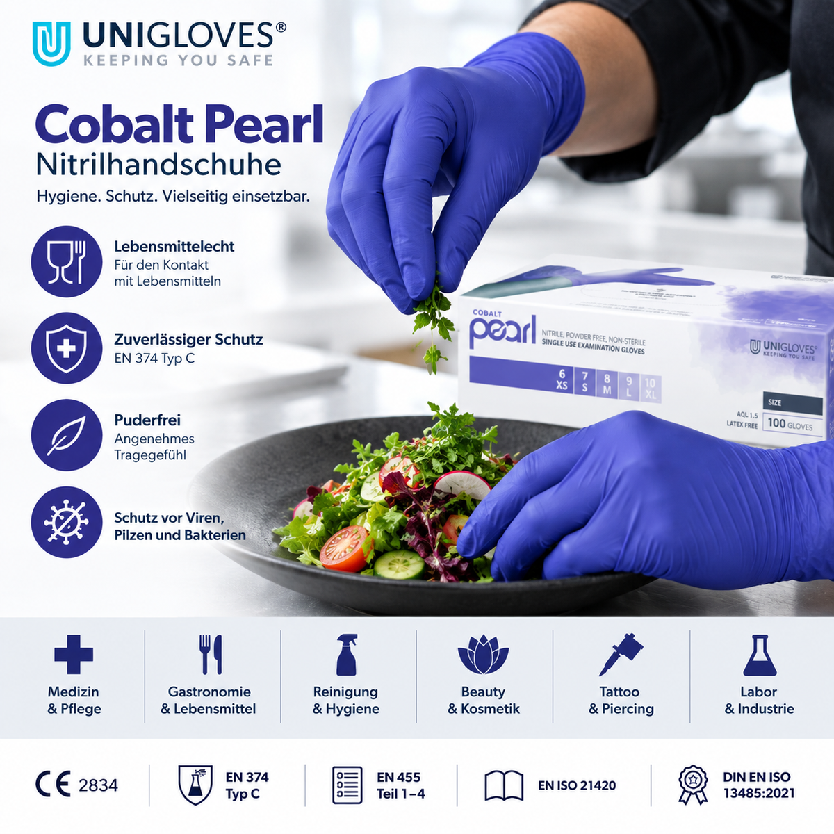Unigloves Cobalt Pearl Nitrilhandschuhe – für Gastronomie, Medizin, Reinigung, Beauty und Labor