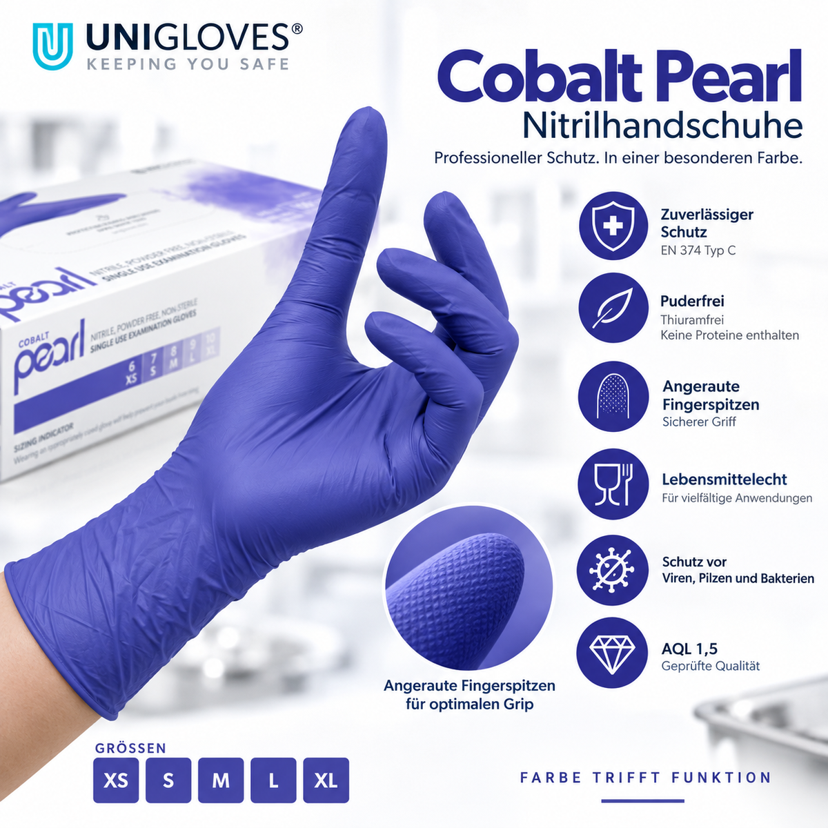 Unigloves Cobalt Pearl Nitrilhandschuhe – angeraute Fingerspitzen, sicherer Griff und AQL 1,5