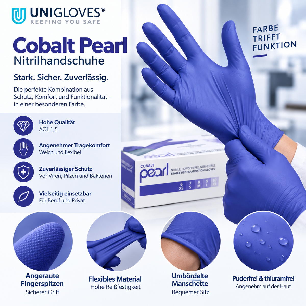 Unigloves Cobalt Pearl Nitrilhandschuhe – flexibles Material, angeraute Fingerspitzen und umbördelte Manschette