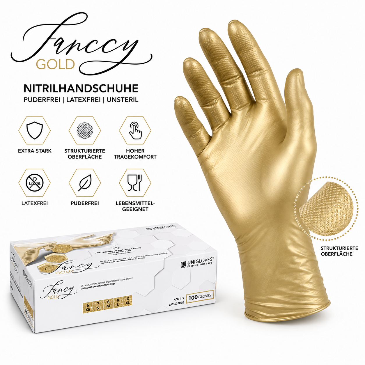 Unigloves Fancy Gold Nitrilhandschuhe – puderfrei, latexfrei und mit strukturierter Oberfläche für sicheren Halt