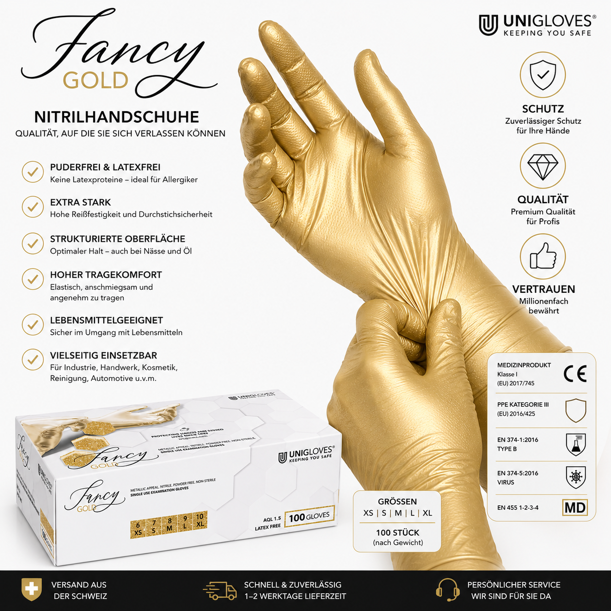 Unigloves Fancy Gold Nitrilhandschuhe – puderfrei, latexfrei, griffig und vielseitig einsetzbar