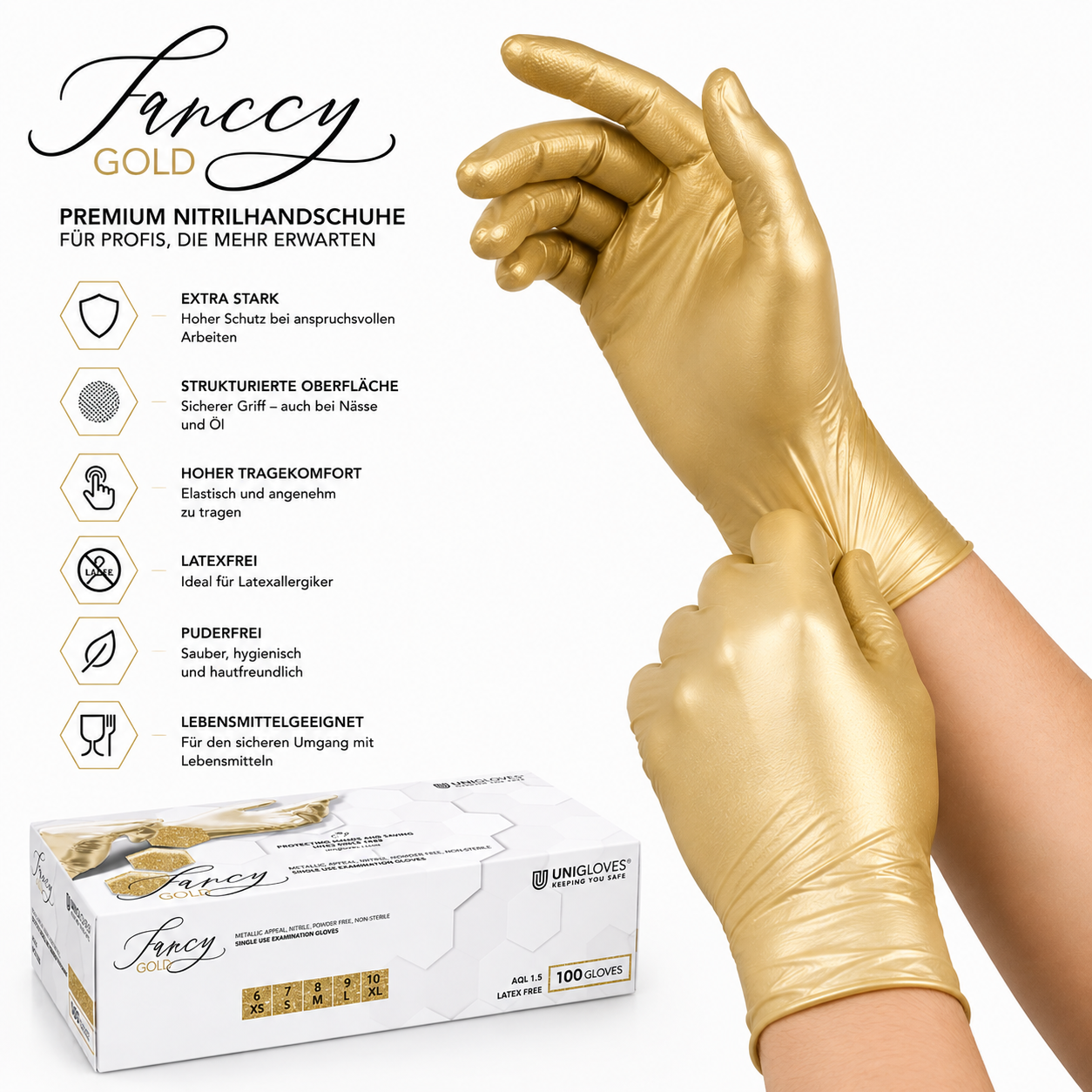 Unigloves Fancy Gold Nitrilhandschuhe – elastische goldene Einweghandschuhe mit hohem Tragekomfor