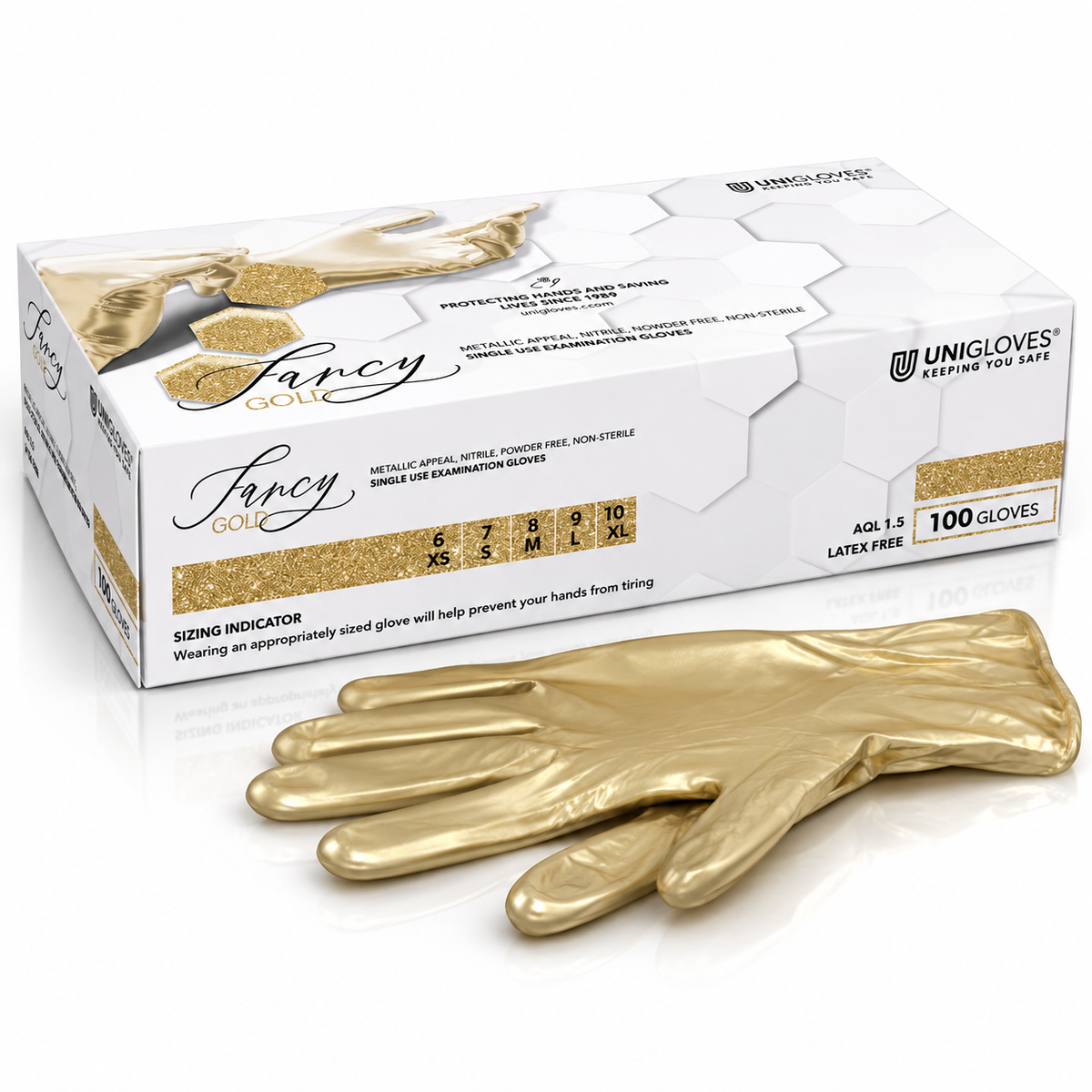 Unigloves Fancy Gold Nitrilhandschuhe – goldene puderfreie und latexfreie Einweghandschuhe
