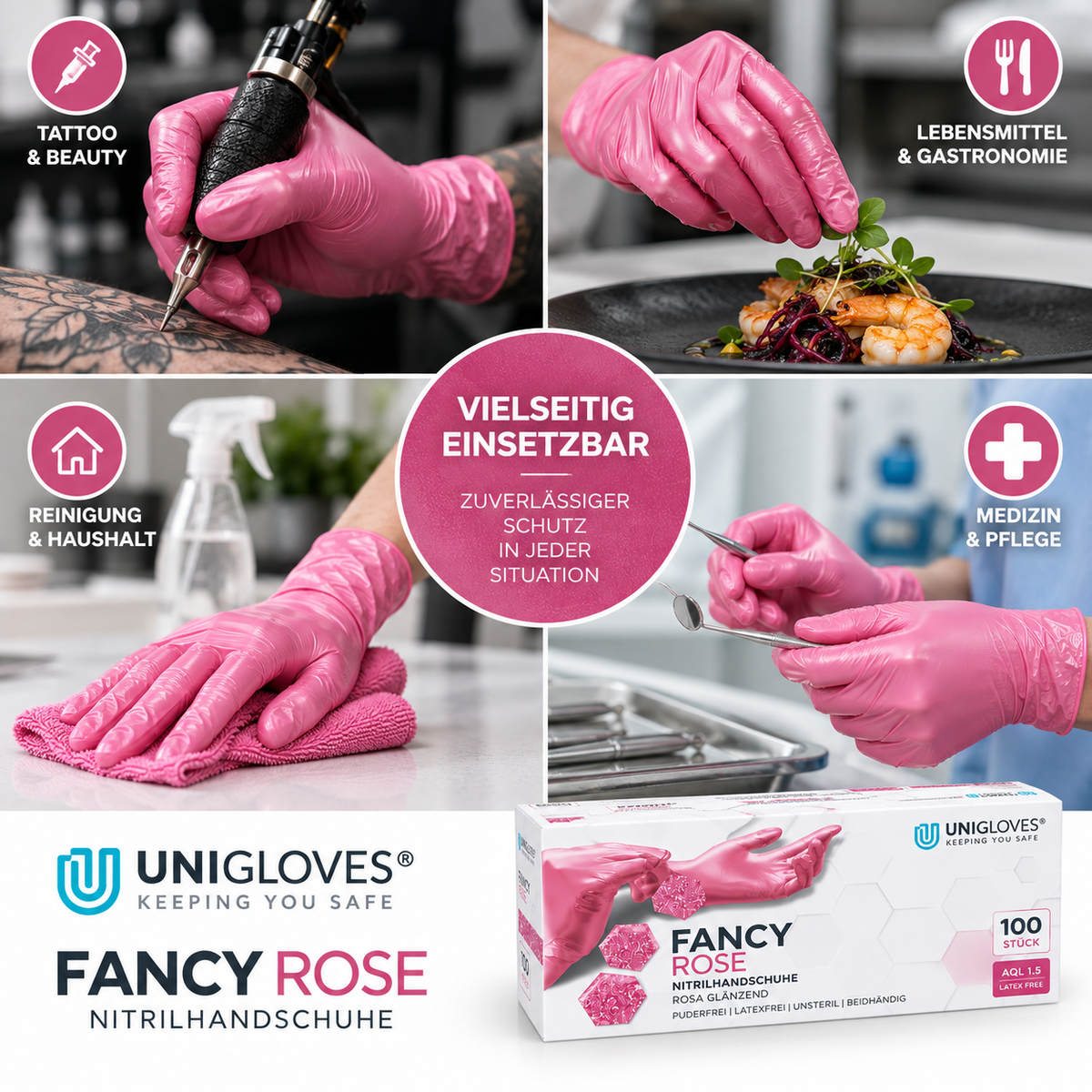 Unigloves Fancy Rose Nitrilhandschuhe – Einsatz in Beauty, Gastronomie, Reinigung und Medizin