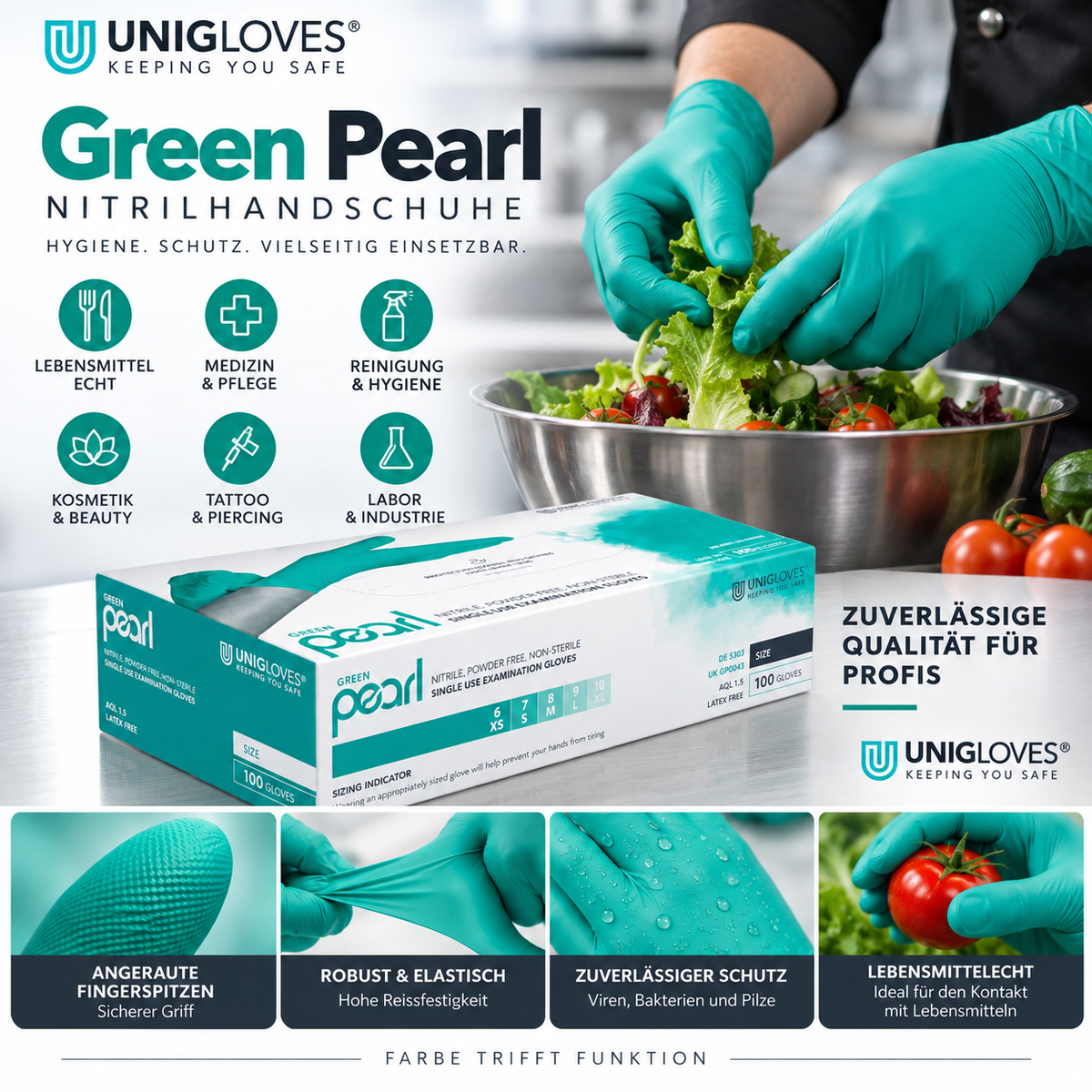 Unigloves Green Pearl Nitrilhandschuhe – für Lebensmittel, Medizin, Reinigung, Kosmetik, Tattoo und Labor