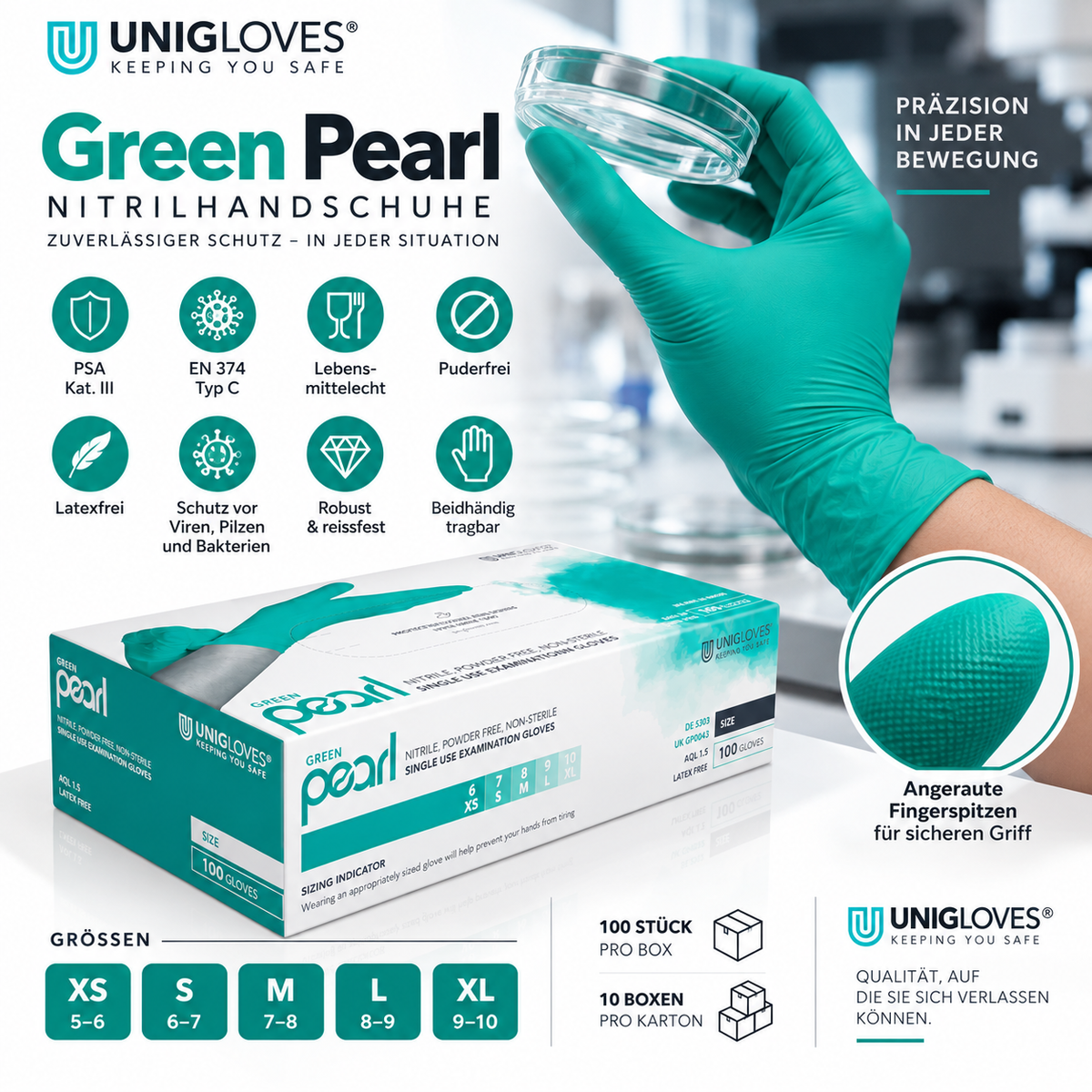 Unigloves Green Pearl Nitrilhandschuhe – PSA Kategorie III, EN 374 Typ C und angeraute Fingerspitzen