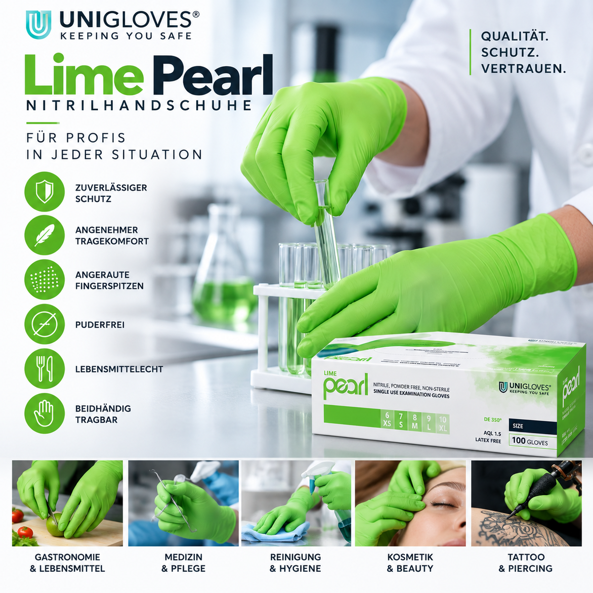 Unigloves Lime Pearl Nitrilhandschuhe – für Labor, Gastronomie, Medizin, Reinigung, Kosmetik und Tattoo
