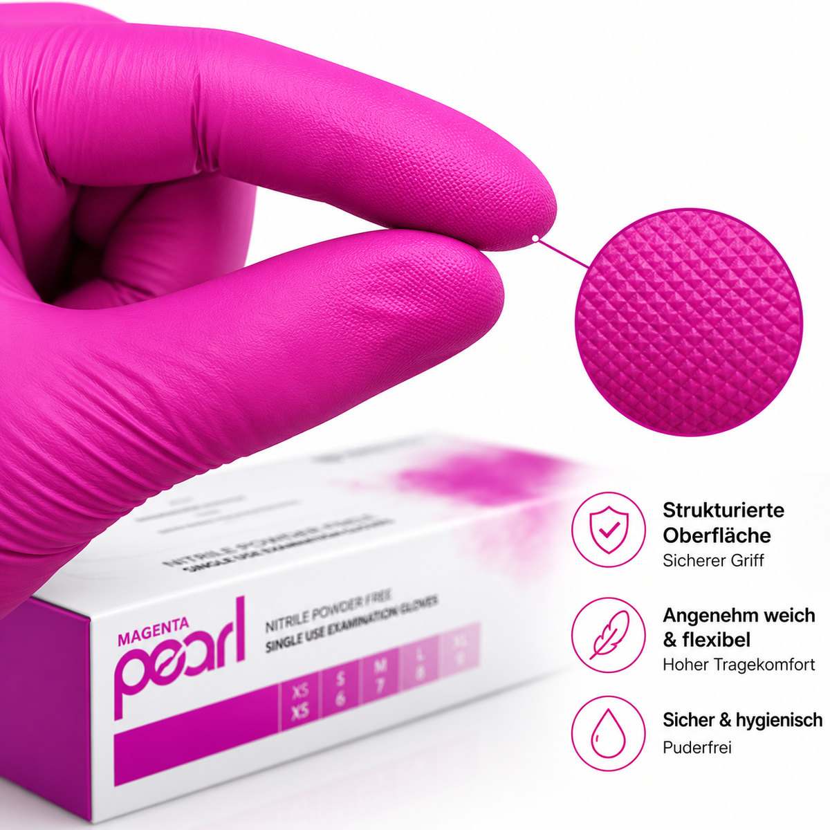 Alt-Text: Unigloves Magenta Pearl Nitrilhandschuhe – strukturierte Oberfläche für sicheren Grip und hohen Tragekomfort