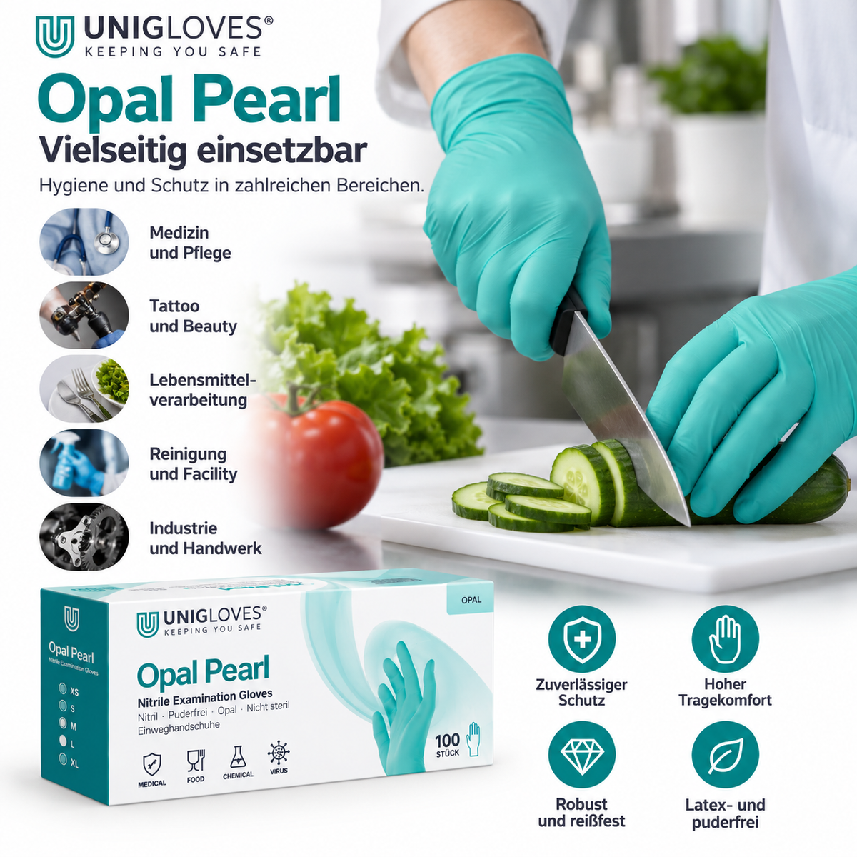 Unigloves Opal Pearl Nitrilhandschuhe – für Medizin, Lebensmittelverarbeitung, Reinigung, Tattoo und Industrie