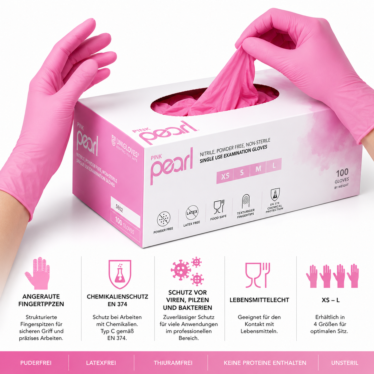 Unigloves Pink Pearl Nitrilhandschuhe – Chemikalienschutz EN 374, lebensmittelecht und mit angerauten Fingerspitzen
