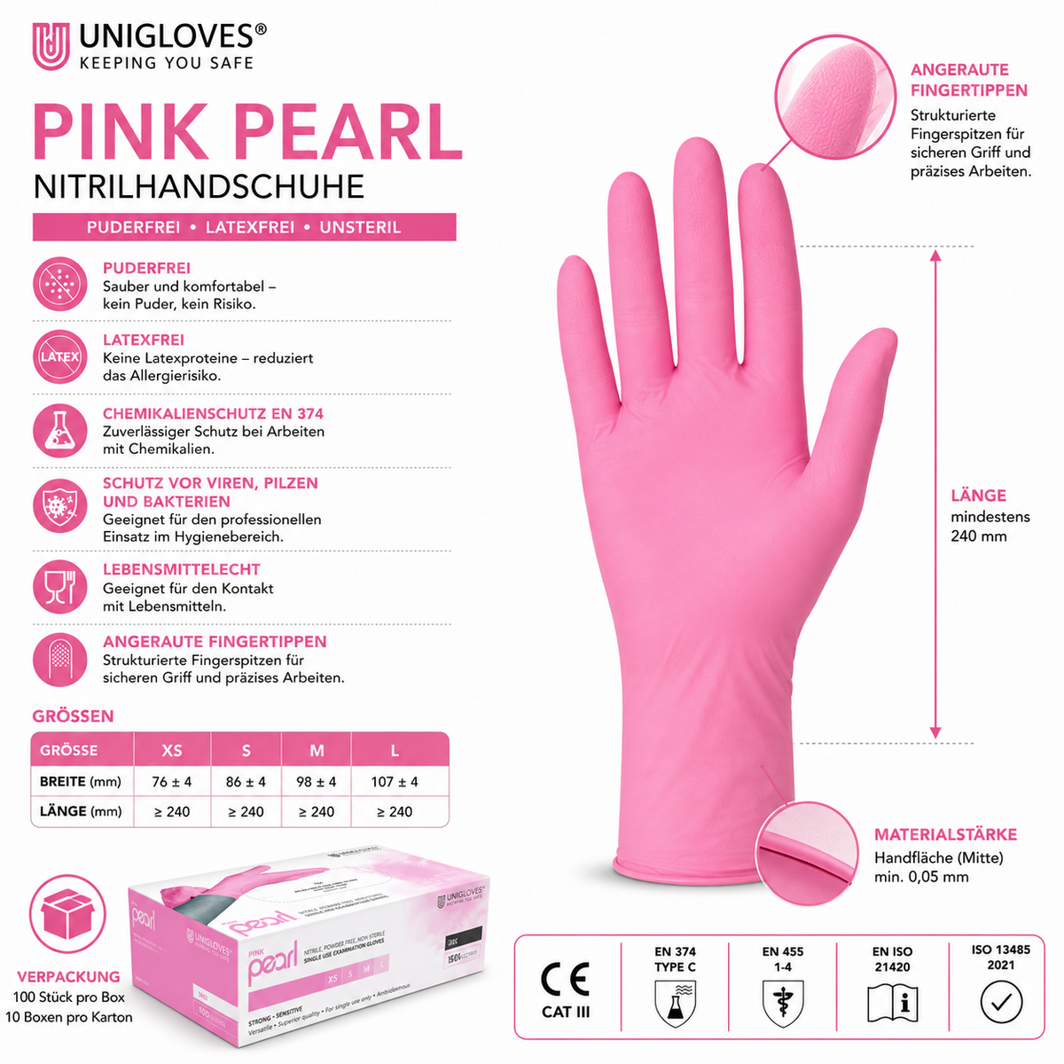 Unigloves Pink Pearl Nitrilhandschuhe – technische Daten, Größen XS bis L, EN 374 Typ C und 240 mm Länge