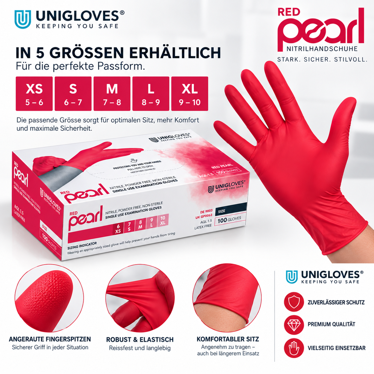 Unigloves Red Pearl Nitrilhandschuhe – Größen XS bis XL, elastische Passform und angeraute Fingerspitzen