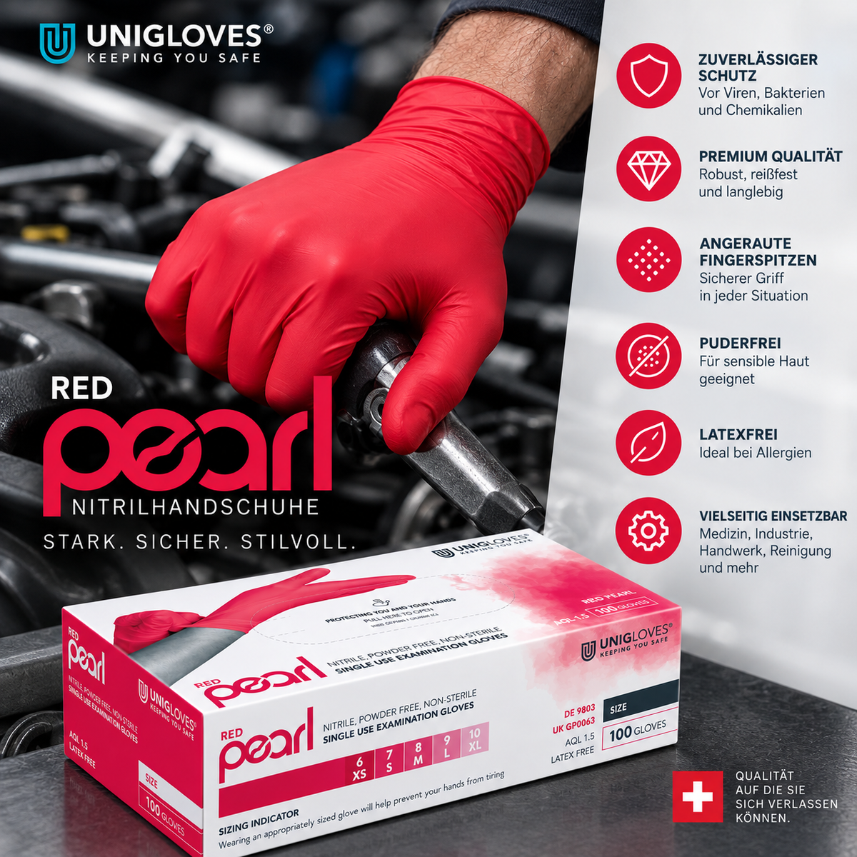 Unigloves Red Pearl Nitrilhandschuhe – robuste Einweghandschuhe für Industrie, Handwerk und professionelle Anwendungen