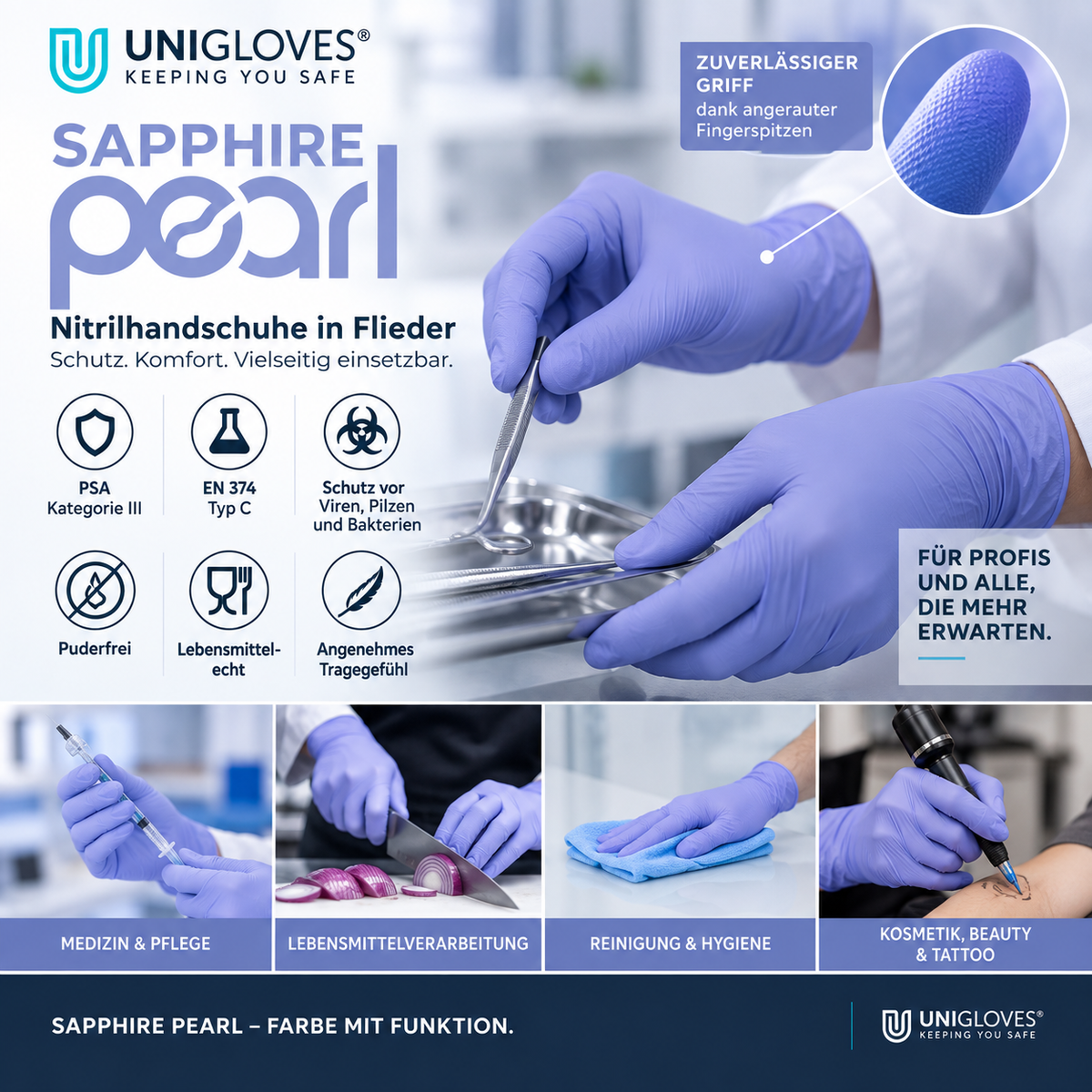 Unigloves Sapphire Pearl Nitrilhandschuhe in Flieder – für Medizin, Lebensmittel, Reinigung, Kosmetik und Tattoo