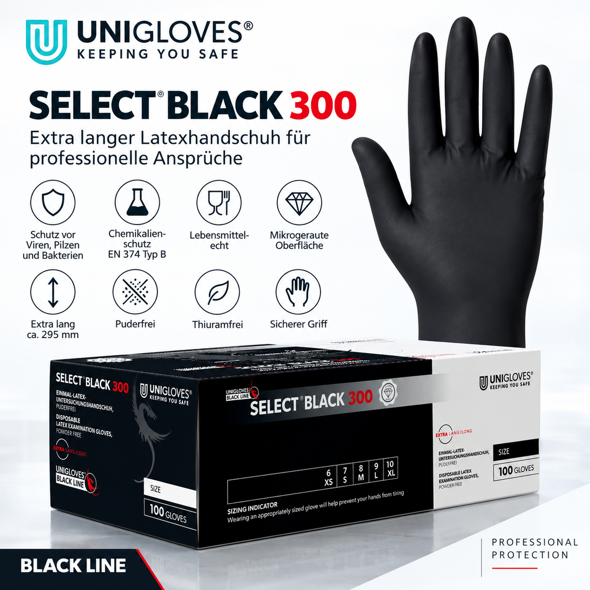 Unigloves Select Black 300 Latexhandschuhe – extra lang, puderfrei, mikrogeraut und EN 374 Typ B