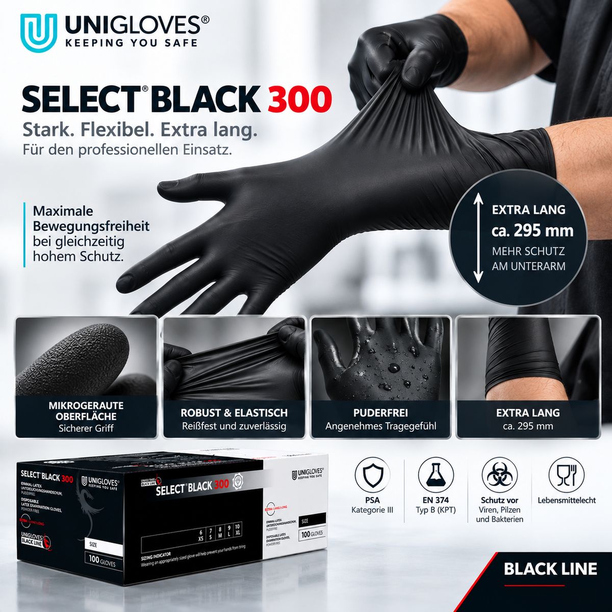 Unigloves Select Black 300 Latexhandschuhe – robust, flexibel, mikrogeraut und extra lang mit ca. 295 mm