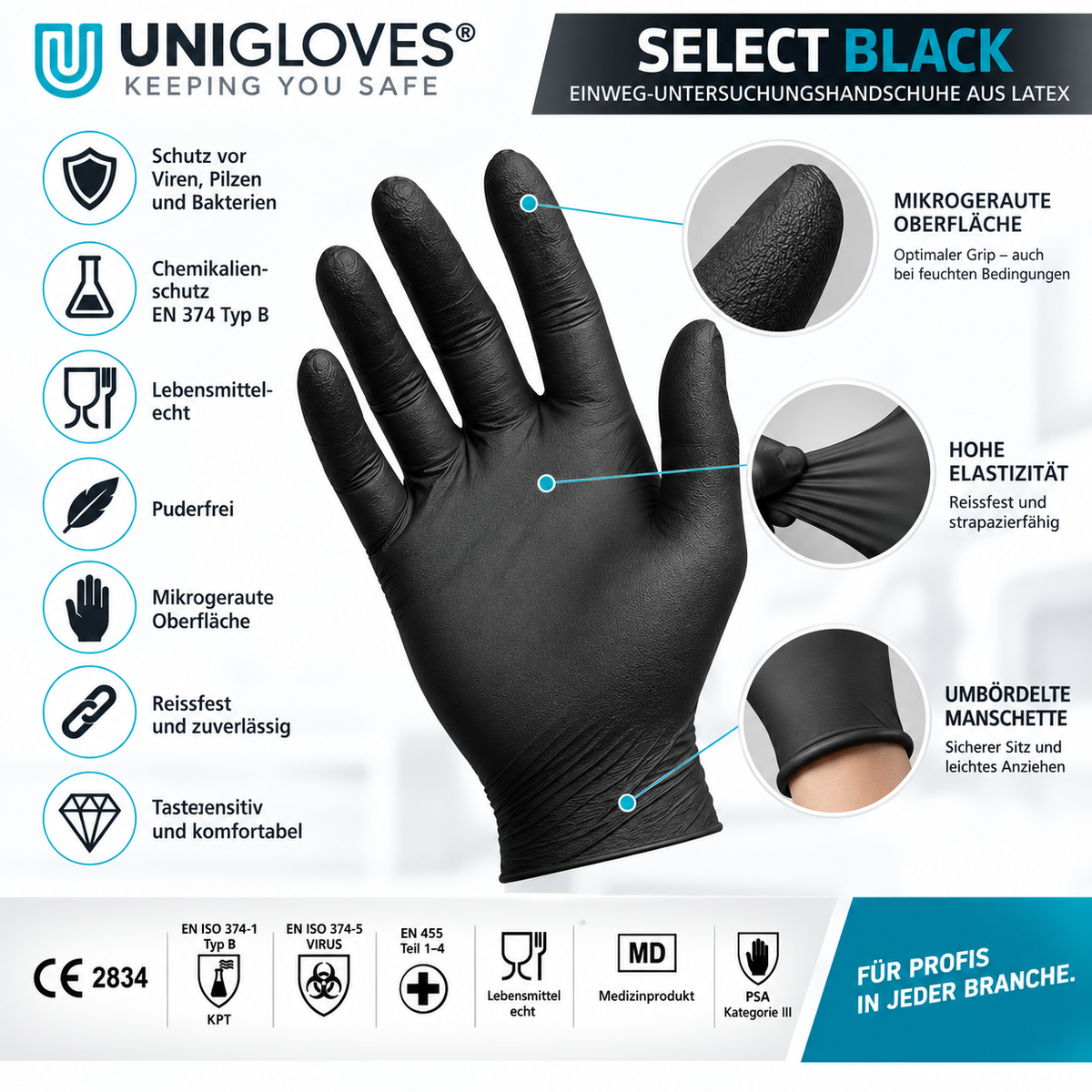 UNIGLOVES Select Black schwarze Latexhandschuhe mit mikrogerauter Oberfläche und Chemikalienschutz