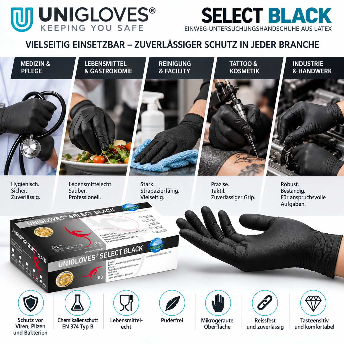UNIGLOVES Select Black Latexhandschuhe für Medizin, Gastronomie, Reinigung, Tattoo und Handwerk