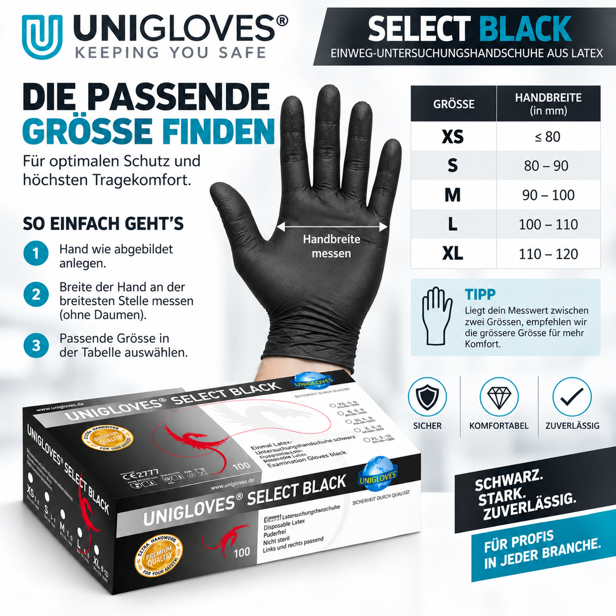 UNIGLOVES Select Black Latexhandschuhe Größentabelle XS bis XL und Anleitung zur Größenwahl