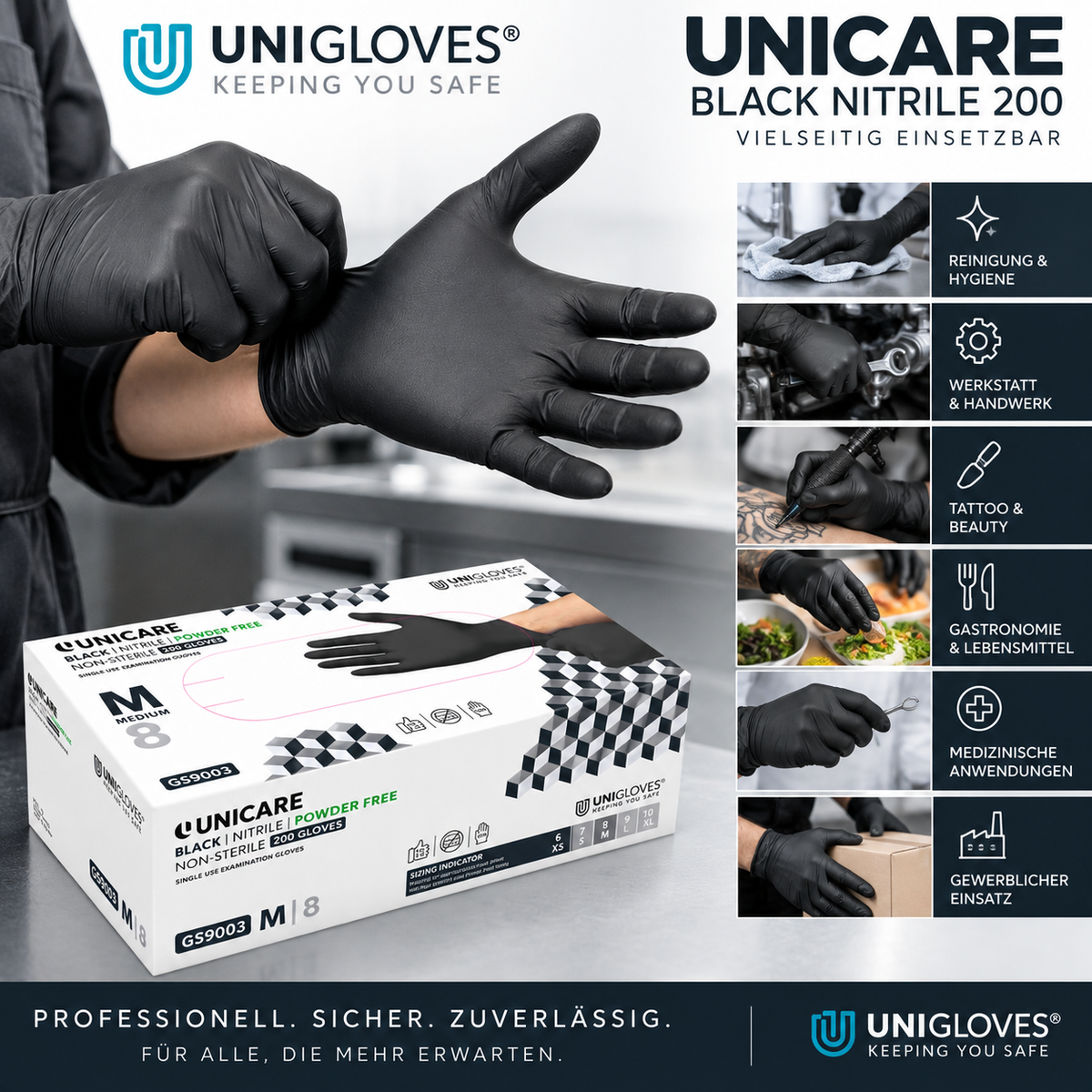 Unigloves Unicare Black Nitrile 200 – schwarze Nitrilhandschuhe für Reinigung, Handwerk, Gastronomie und Medizin