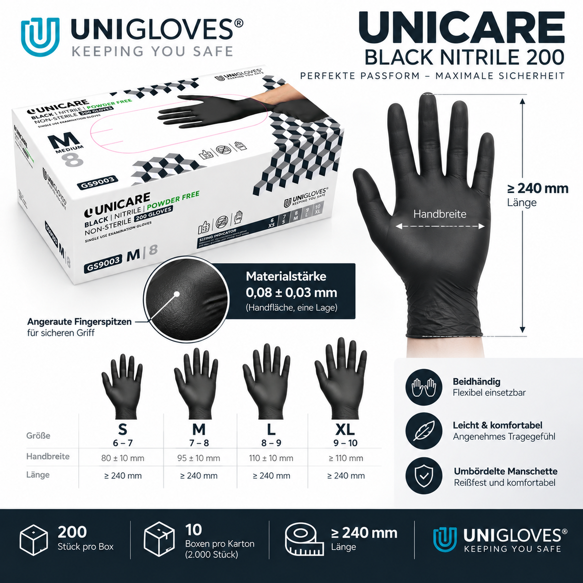 Unigloves Unicare Black Nitrile 200 – Größen S bis XL, 0,08 mm Materialstärke und 240 mm Länge