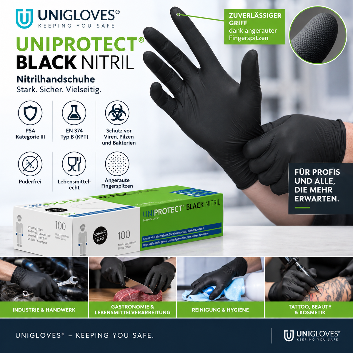 Unigloves UNIPROTECT Black Nitrilhandschuhe – puderfrei, lebensmittelecht, angeraute Fingerspitzen und EN 374 Typ B